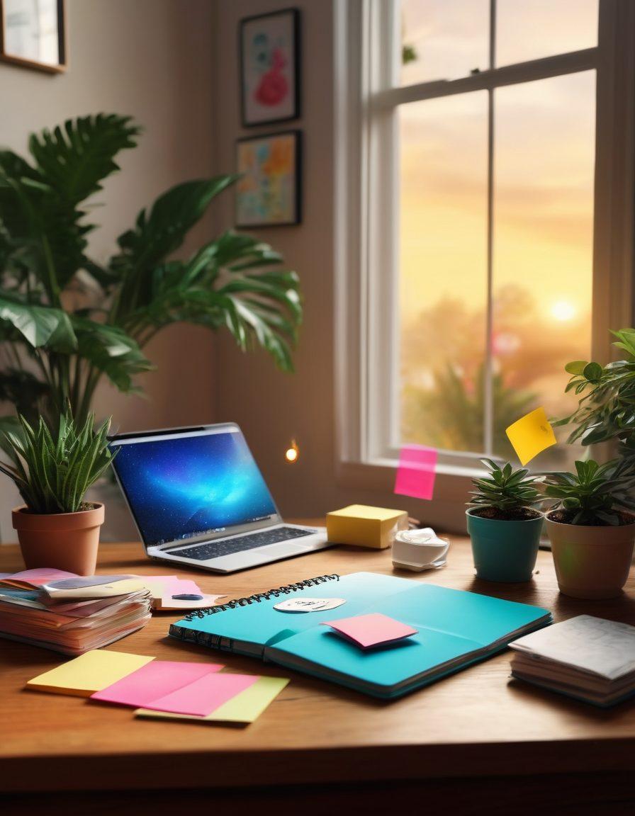 An inspiring workspace filled with notebooks, a laptop displaying vibrant graphics, and colorful sticky notes scattered around. A steaming coffee cup sits next to a potted plant, and a light bulb symbolizes bright ideas above. The background features a dreamy landscape of creativity, with whimsical elements like floating words and digital icons representing various types of content. super-realistic. vibrant colors. soft focus.