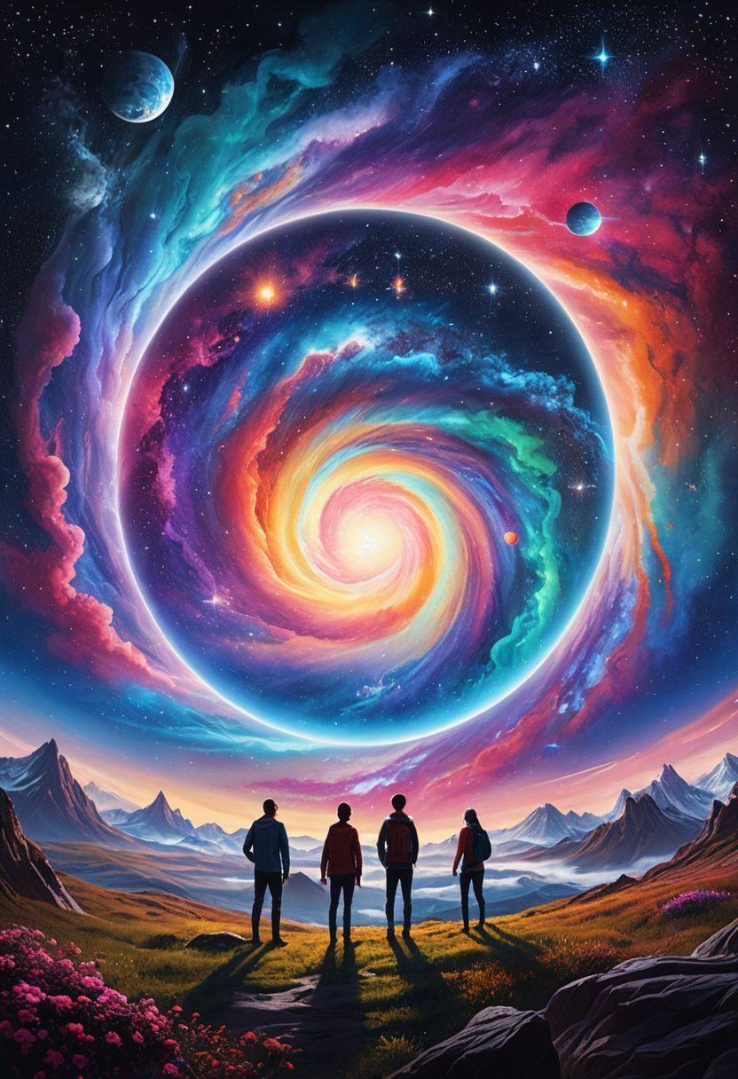 A mystical, celestial scene illustrating the planet Niburu with vibrant, swirling colors, symbolizing creativity and inspiration. Include a diverse group of diverse bloggers and content creators, engaged in brainstorming ideas amidst a galaxy filled with stars and cosmic elements. Emphasize an aura of collaboration and innovation in the atmosphere. surrealism. vivid colors. space-themed.